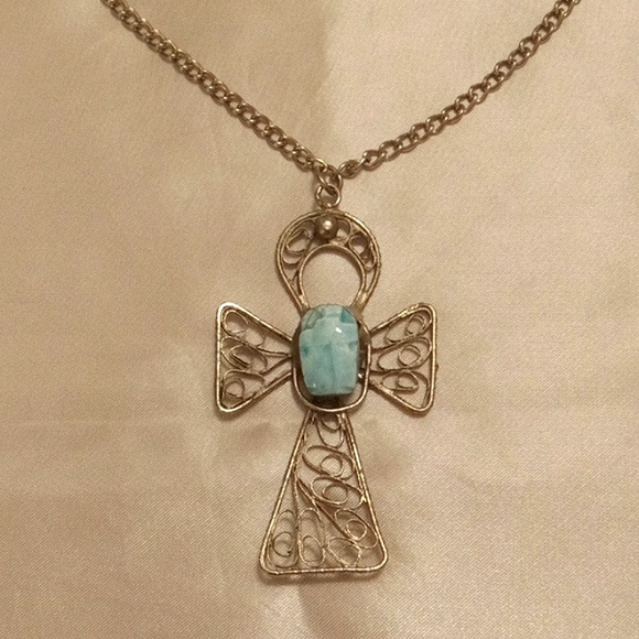 Angel Cross Pendant!  Large Turquoise Stone in Filigree Pewter Cross! 👼✝️ - Picture 6 of 6